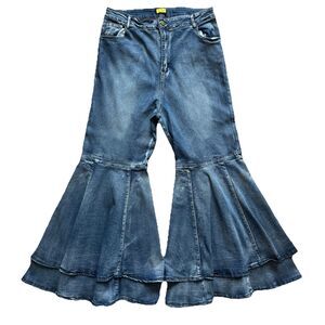 Y2K Love Highlight 34-38” Waist 3XL Bell Bottom Jeans Women Stretch Tiered Flare